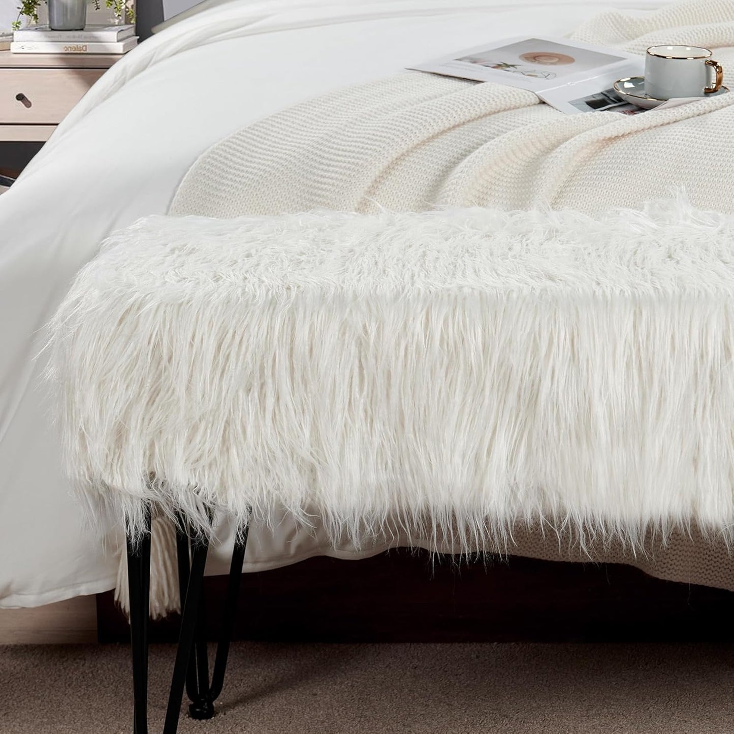 Home Soft Things Green Mongolian Faux Fur Ottoman, Desert Sage, 19'' x 13'' x 17'', Cozy Plush Fluffy Ottoman Foot Rest Stool for Living Room Bedroom Entryway Makeup Bench End of Bed Home Décor