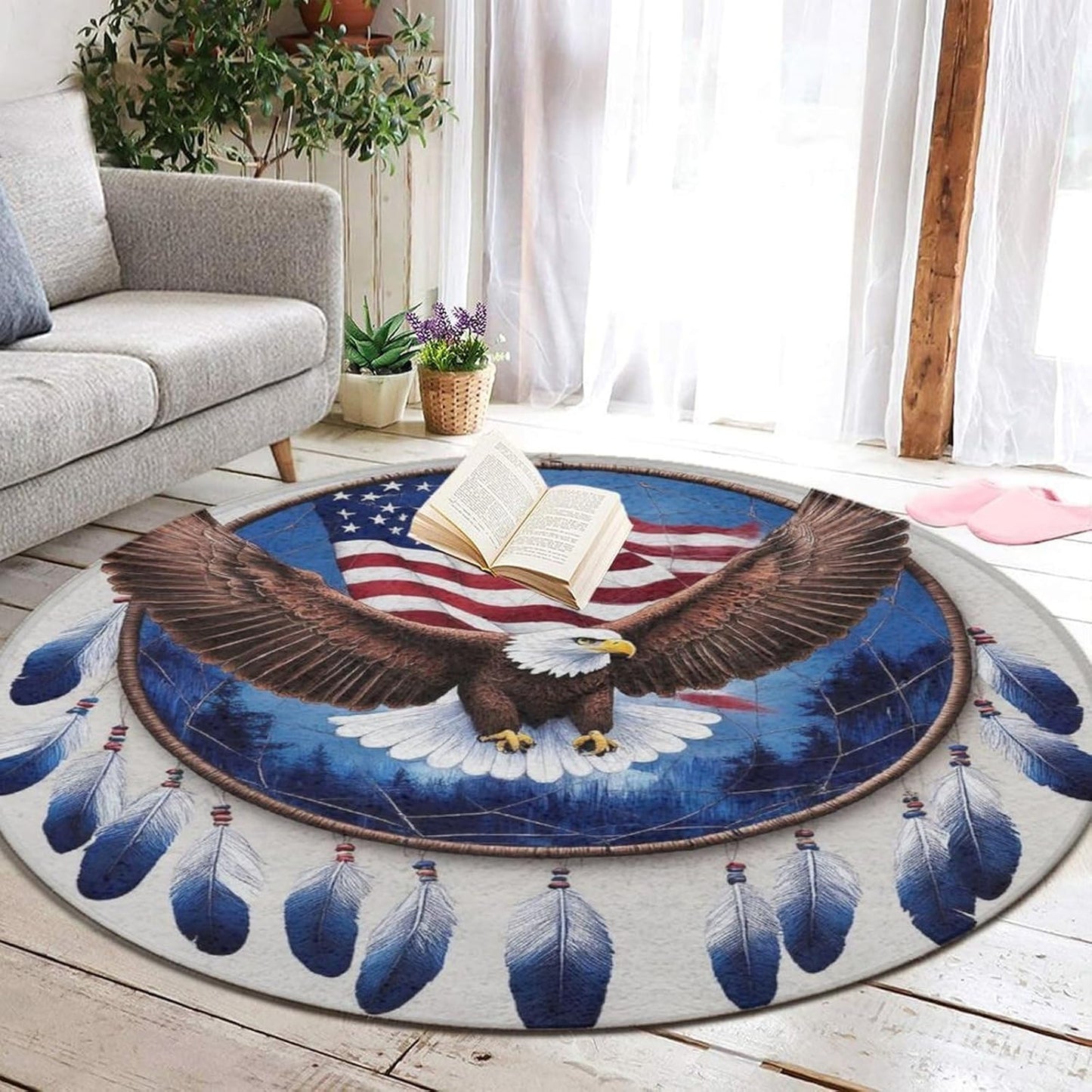 Machine Washable Modern Round Area Rug, Room Sofa Yoga Soft Round Carpet, Home Decor Non Slip Kitchen Office Circle Rug Union Jack Flag UK Mandala Art, 60inch