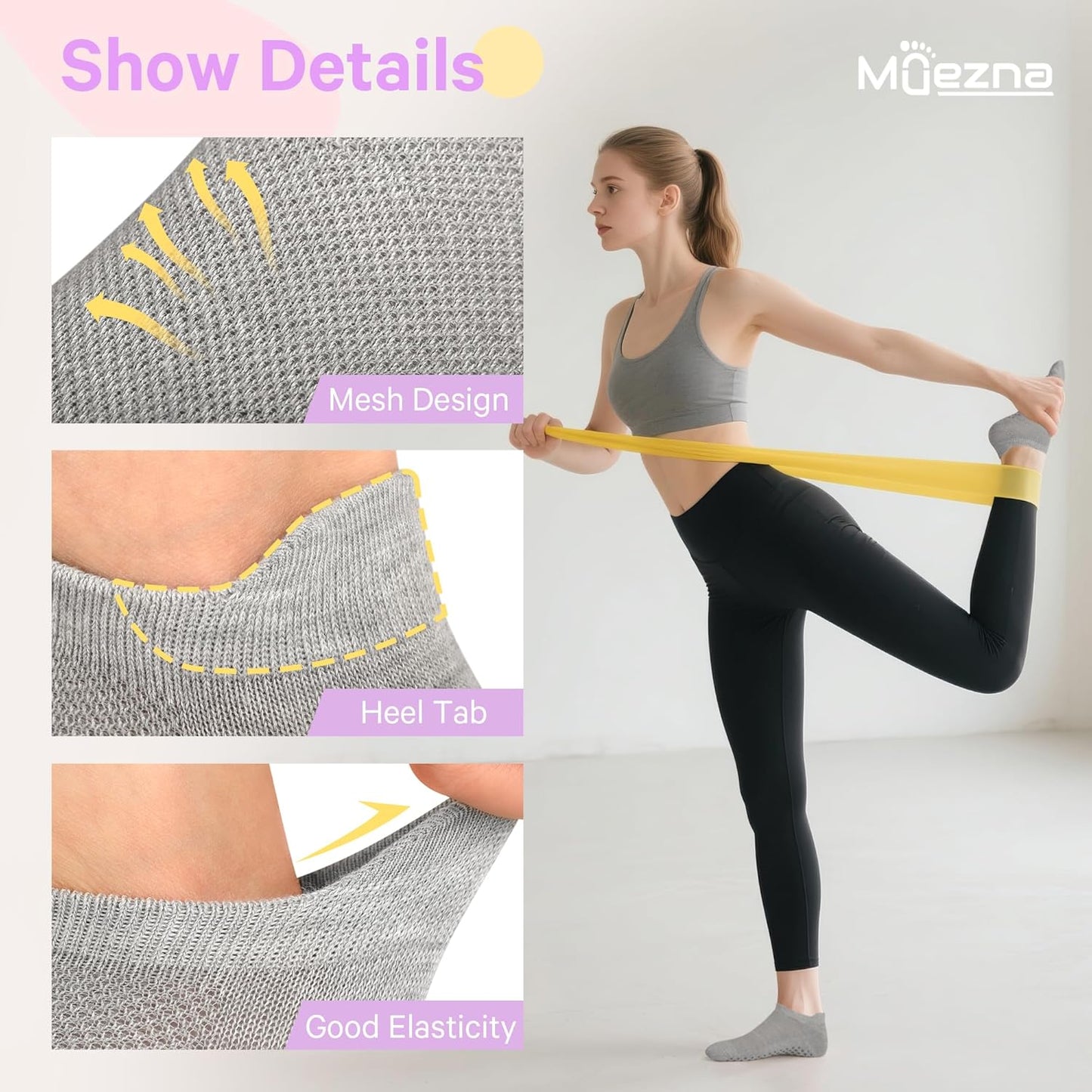 Muezna 6 Pairs Pilates Grip Socks for Women, Non Slip Yoga Socks with Grips, Grippy Socks for Barre, and Hospital