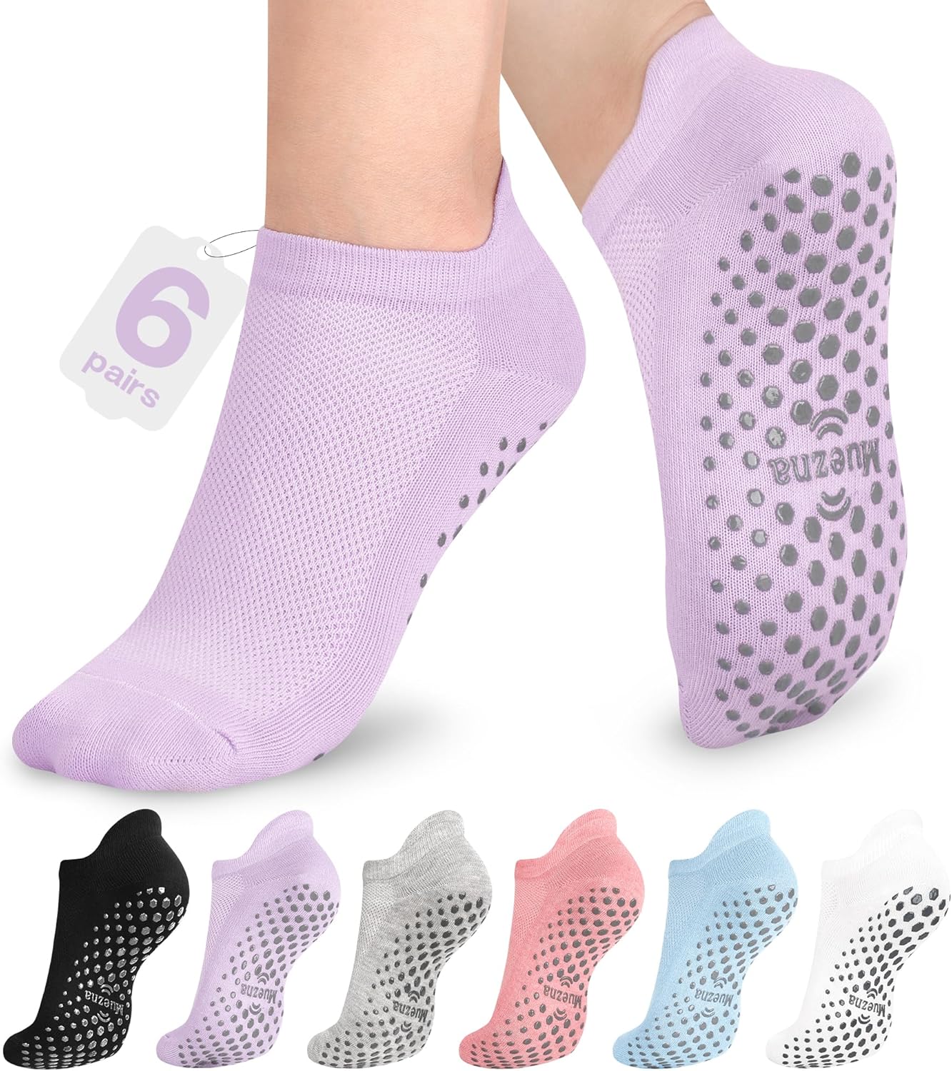 Muezna 6 Pairs Pilates Grip Socks for Women, Non Slip Yoga Socks with Grips, Grippy Socks for Barre, and Hospital