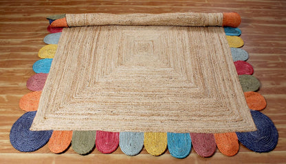 Scalloped Edge Kilim Rug 3' Square Rug Beige & Multicolor Cape Cod Design Carpet Thick 0.27 inches Hand Braided Jute Flatweave Indoor Outdoor Use Rugs for Bedroom, Kitche, Yoga Mat
