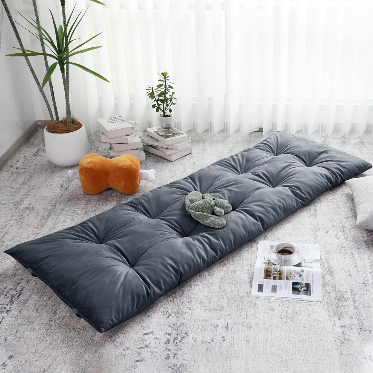 HOMBYS Floor Lounger Pillow Foldable and Tufted Design Long Floor Cushion for Yoga, Reading, Sleeping, Meditation, Elastic Band for Roll Up and Easy Storage, Machine Washable, Dark Grey, 74"x27"