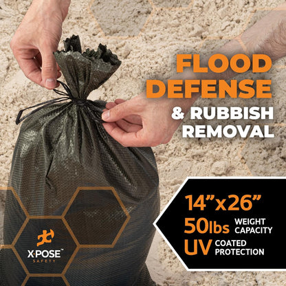 Xpose Safety Heavy Duty Sand Bags with Tie Strings – Empty Woven Polypropylene Sandbags for Hurricane Flood Protection, 50 lb Capacity, 14" x 26", White, Pack of 10