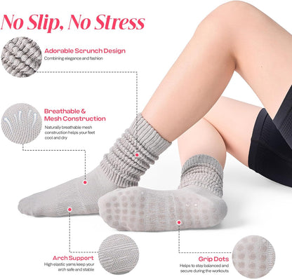 COOLMATE Pilates Socks with Grips for Women, Yoga Socks, Crew Non Slip Women for Barre, Pilates Gifts for Women - Colors A