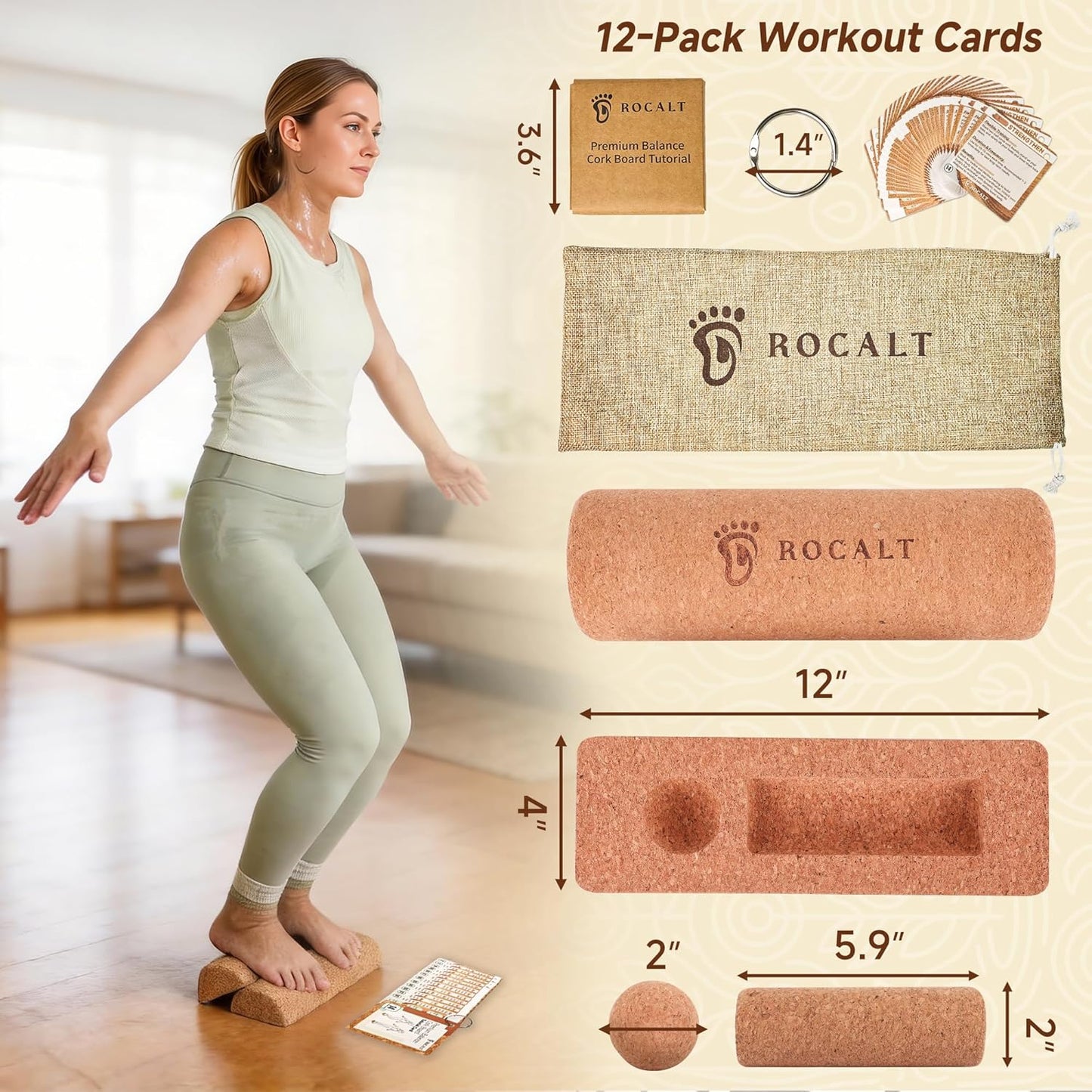 Rocalt Cork Balance Board, Premium Cork 4-in-1 Foot & Ankle Strengthener Kit, Balance Trainer with Massage Roller & Ball, Toe Resistance Bands, Storage Bag & Exercise Guide for Enhance Mobility, Improve Foot Function, Prevent Falls