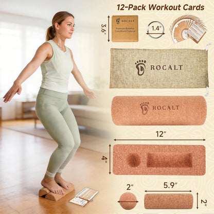 Rocalt Cork Balance Board, Premium Cork 4-in-1 Foot & Ankle Strengthener Kit, Balance Trainer with Massage Roller & Ball, Toe Resistance Bands, Storage Bag & Exercise Guide for Enhance Mobility, Improve Foot Function, Prevent Falls