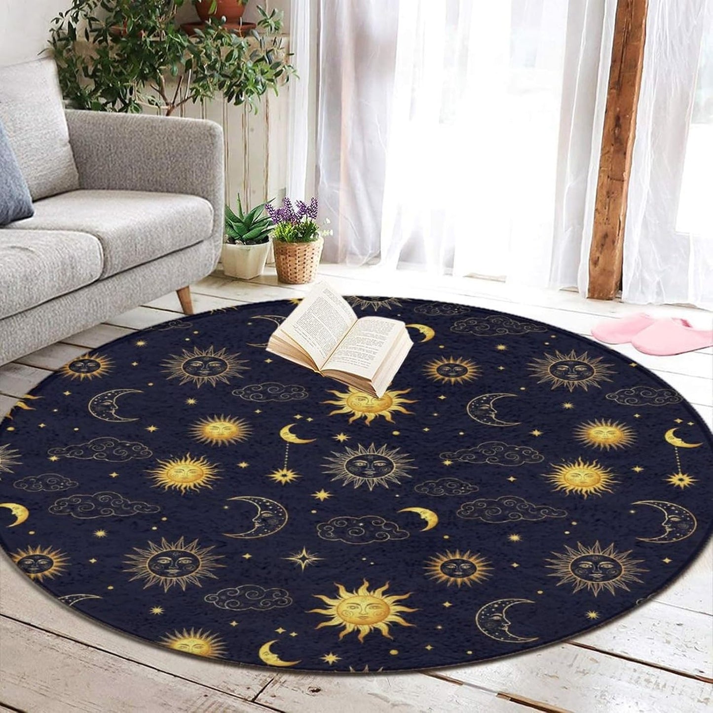 Soft Round Yoga Carpet, Large Home Decor Mat, Non-Slip Machine Washable Kitchen Office Circle Rug Compatible with Cool Norse Viking Vegvisir Runic Compass