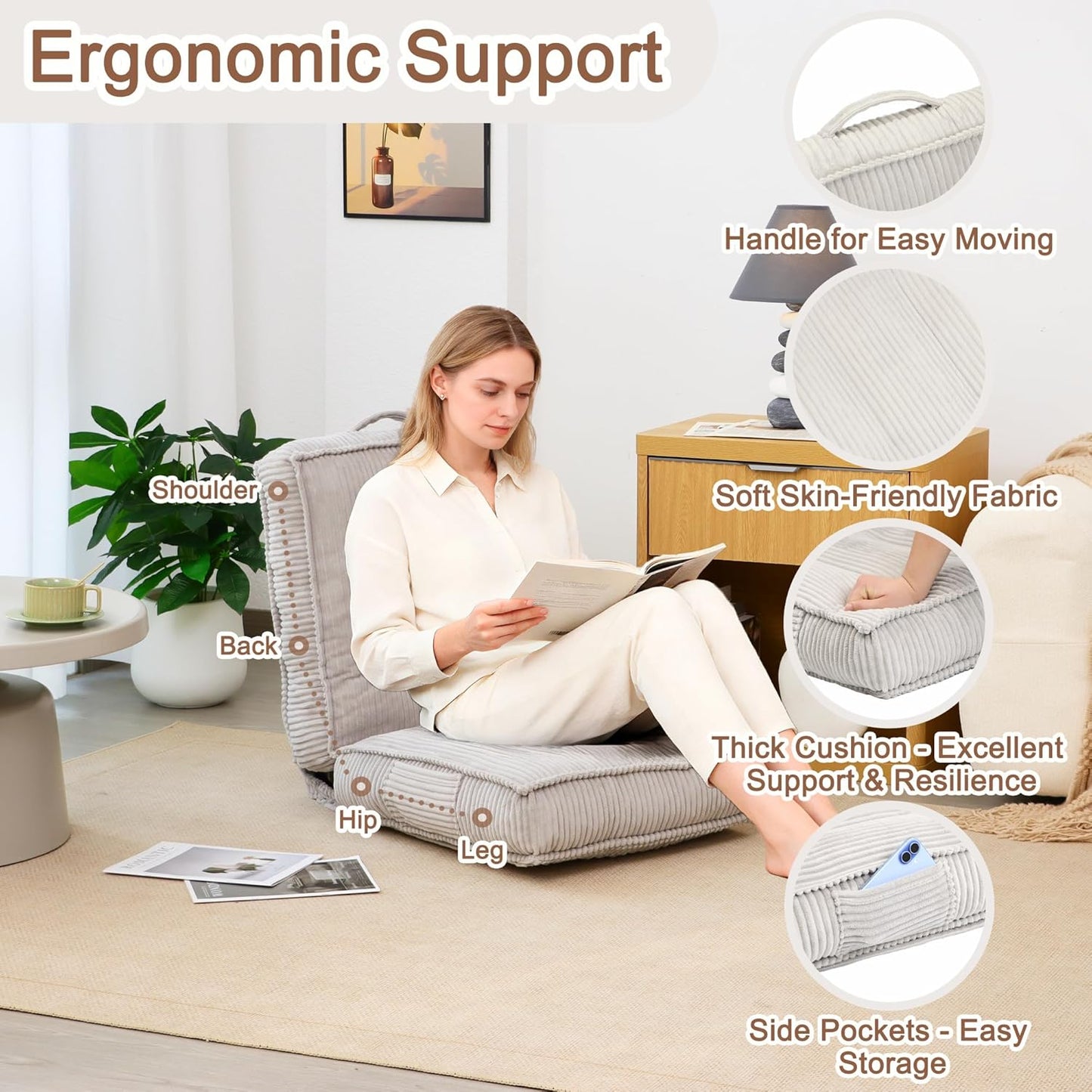 Adjustable Floor Chair with Back Support, 6-Position, Folding Japanese Meditation Tatami Chair, Comfy Gaming Chairs for Adults, Accent Sofa Reading Chairs, Living Room, Bedroom, Coffee