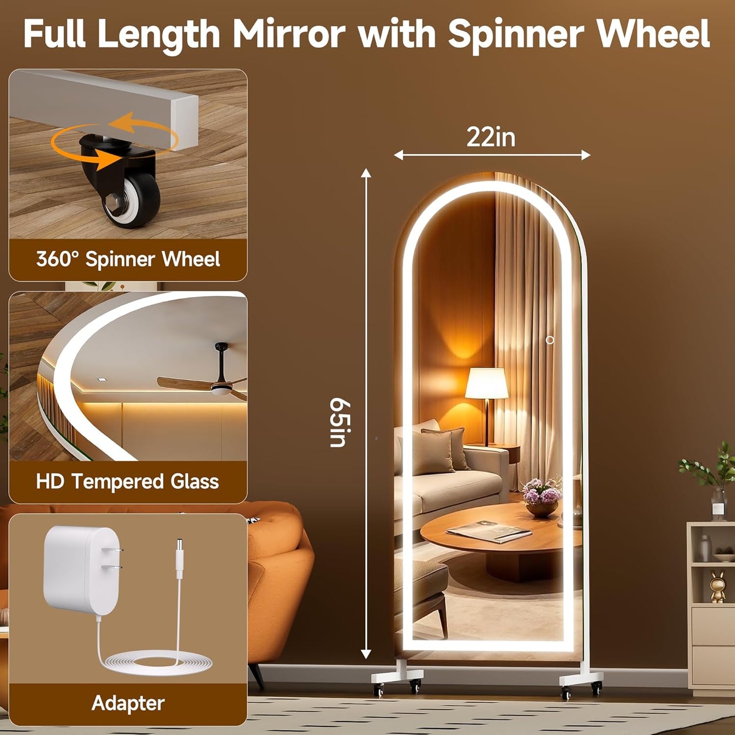 Hasipu 71" x 28" Arched Rolling Home Gym Mirror with Wheels, 360° Swivel Body Mirror with HD Tempered Glass, Large Floor Mirror for Yoga Room, Dance Studio, Bedroom & Home Gym