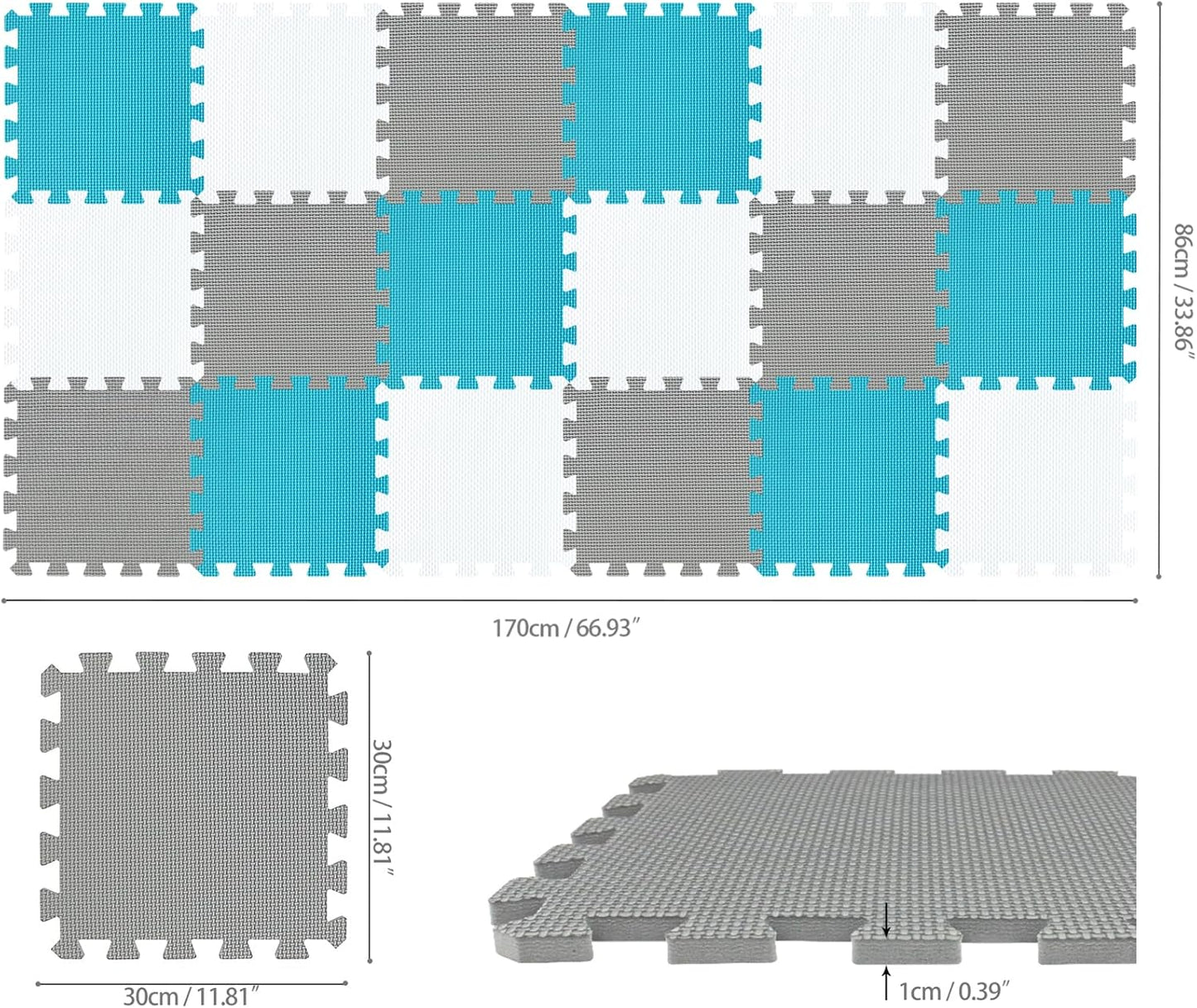 qqpp EVA Rubber 18 Tiles Interlocking Puzzle Foam Floor Mats - Baby Play Mat for Playing | Exercise Mat for Home Workout. White, Pink, Gray. QC-ACLb18N