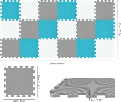 qqpp EVA Rubber 18 Tiles Interlocking Puzzle Foam Floor Mats - Baby Play Mat for Playing | Exercise Mat for Home Workout. White, Pink, Gray. QC-ACLb18N