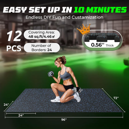PRAISUN 0.56" Rubber Top Gym Flooring, Heavy Duty Interlocking Gym Mats for Home Gym, Non-Slip Workout Mat, 24 x 24in Large Gym Floor Mat, Protect Floors from Weights & Equipment, 48 Sq Ft, Black/Grey