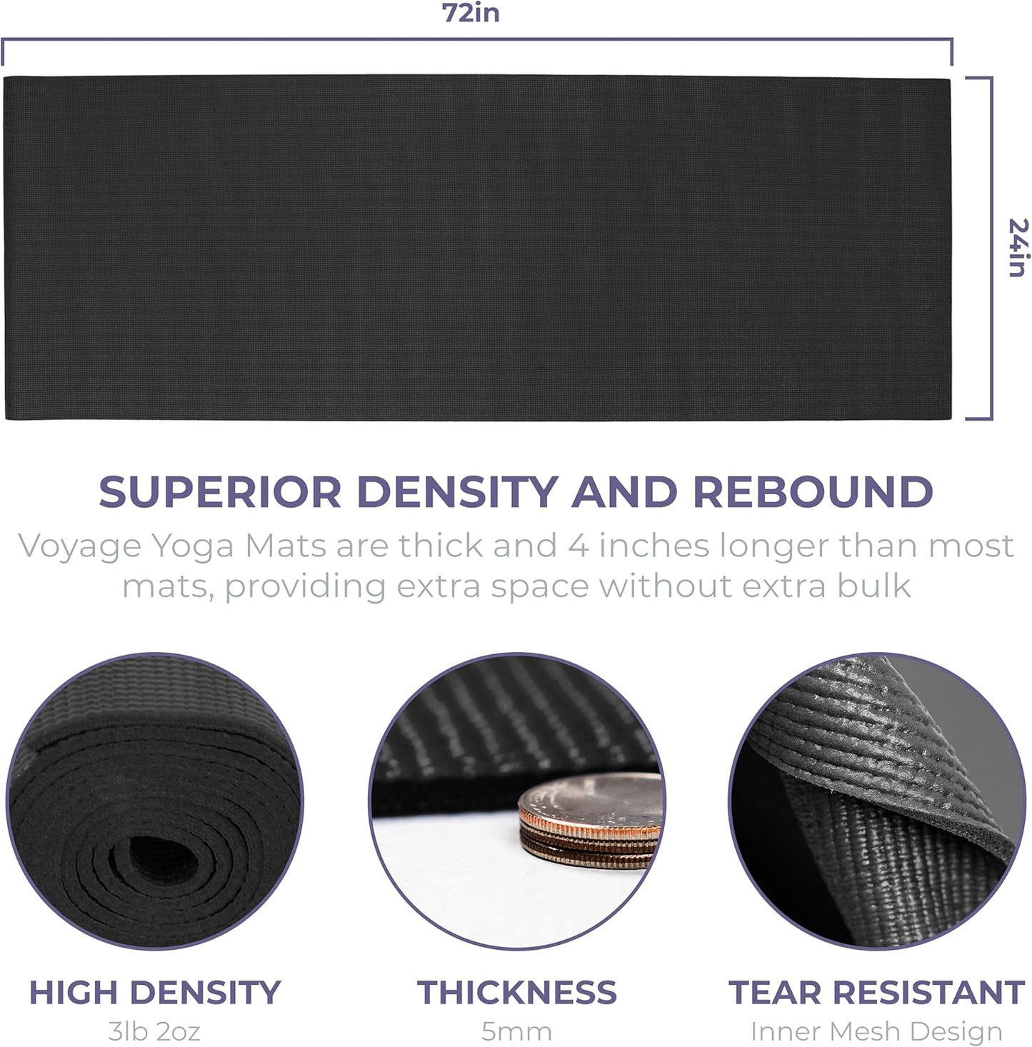 Voyage Yoga Mat, 4 Pack, 72" x 24" Extra Long Exercise Mat, 5mm Thick Bulk Yoga Mats for Schools, Anti-Tear, Non Slip Fitness Mat for Gym or Studio