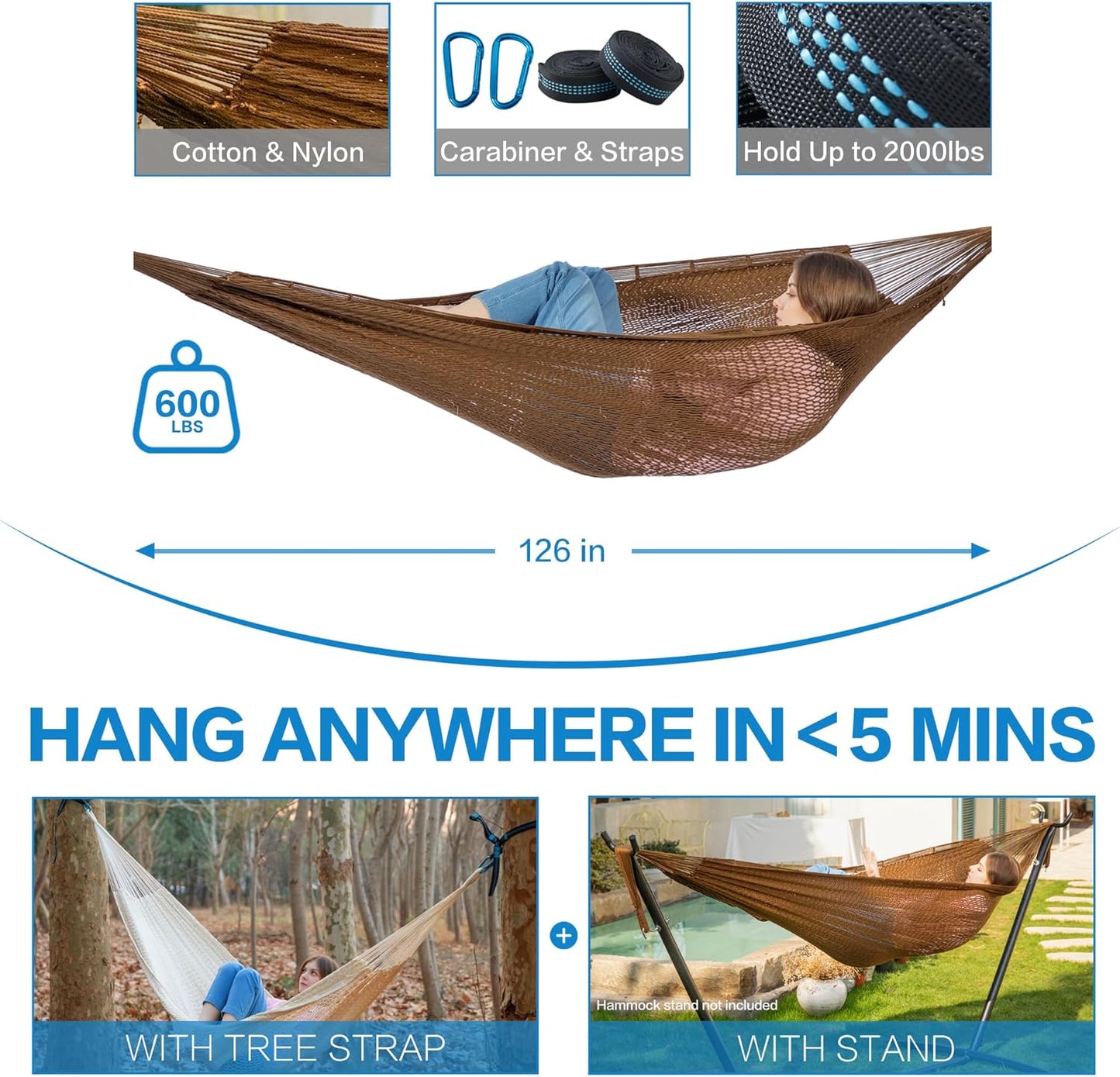PNAEUT Handwoven Mayan Hammocks, Double Rope Hammock for Outdoor Outside & Indoor, Thick Soft 600 lbs Capacity Heavy-Duty, Includes Tree Straps, Carabiners & Carrying Bag (Nature, X-Large)