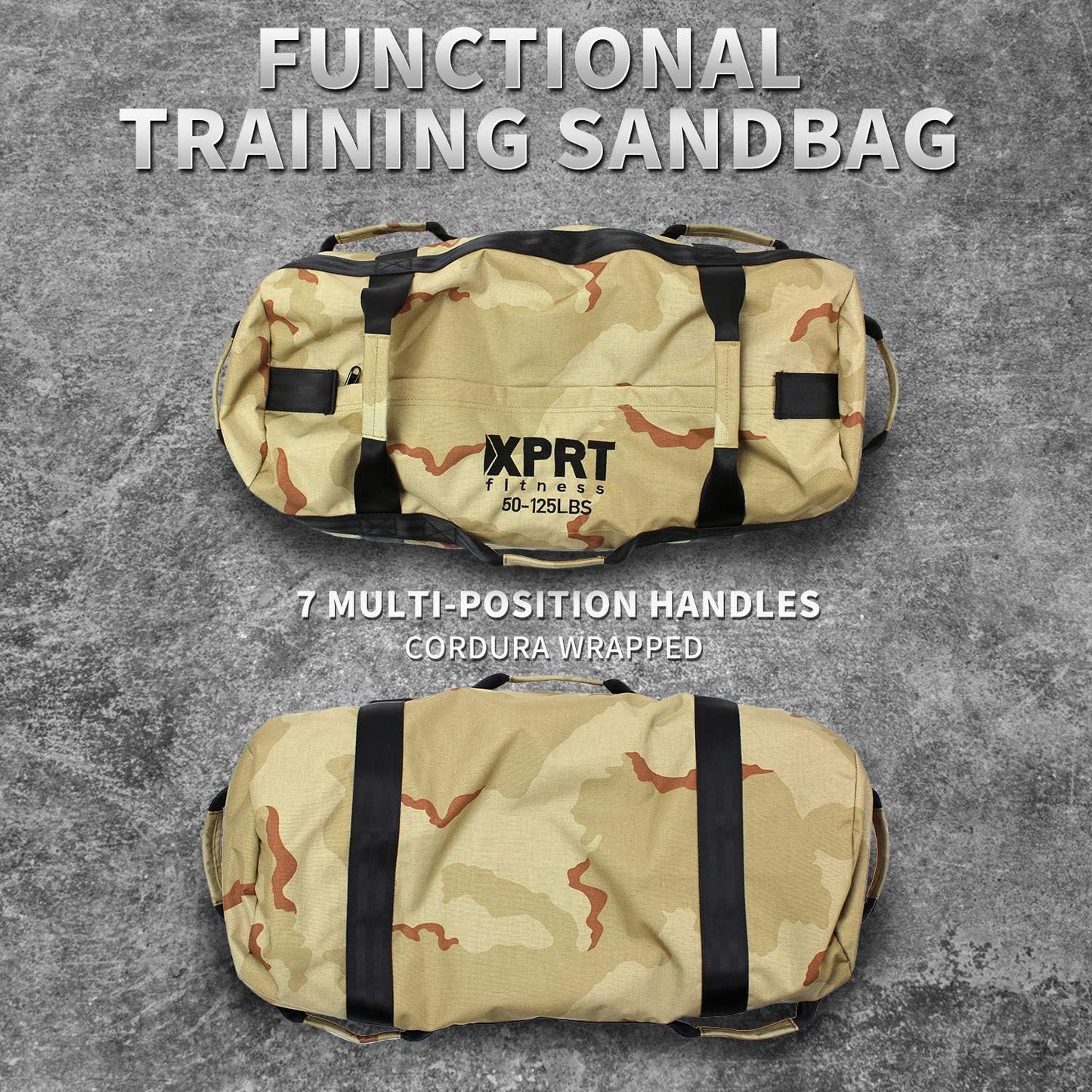 XPRT Fitness Workout Sandbag for Heavy Duty Workout Cross Training 7 Multi-positional Handles - Color Army Green/Black/Camo