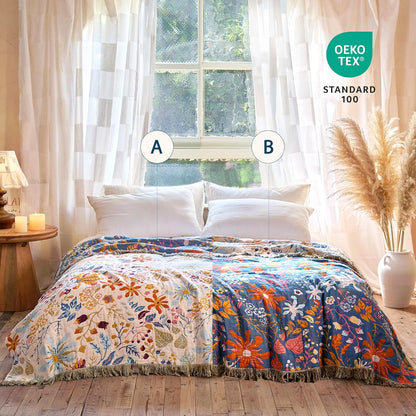 Boho Throw Blanket - 100% Cotton Soft Summer Throw Blanket for Bed, 50"x60" Reversible Breathable Lightweight Blankets, All Seasons Farmhouse Decor Floral Plant Butterfly Throw Quilt