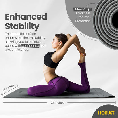 Robust Extra Thick Yoga Mat 1/4 & 1/3 & 2/5 Inch - Non Slip Exercise Mat with Alignment Lines, Carrying Strap, TPE Eco-Friendly Material for Knee Support, Sweat-Proof 72" x 24" for Women & Men