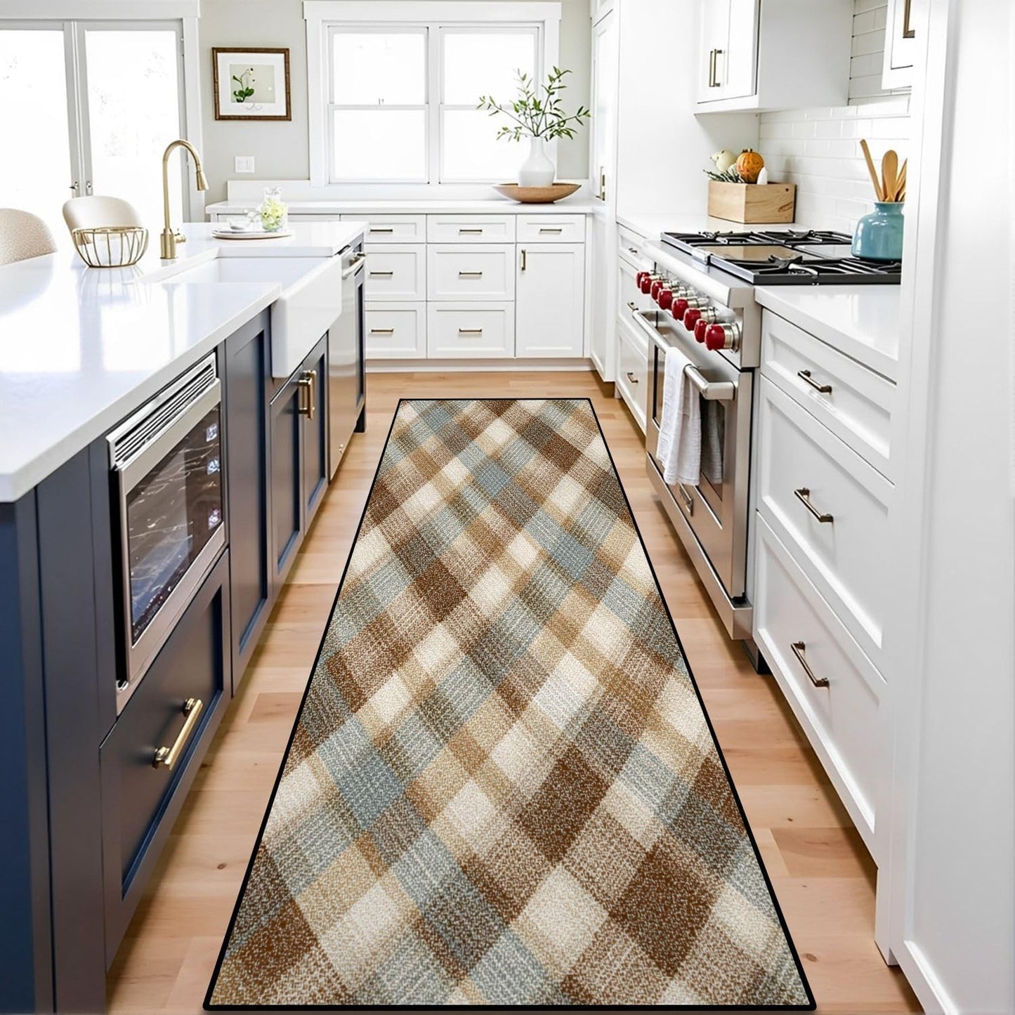 Runner Rug Washable 2x6 White Navy Blue Green Tartan Plaid Scottish Texture from Tartan Plaid Non-Slip Hallway Area Rug Indoor Outdoor Home Decor for Entryway Bathroom Kitchen Carpet Yoga Floor Mat