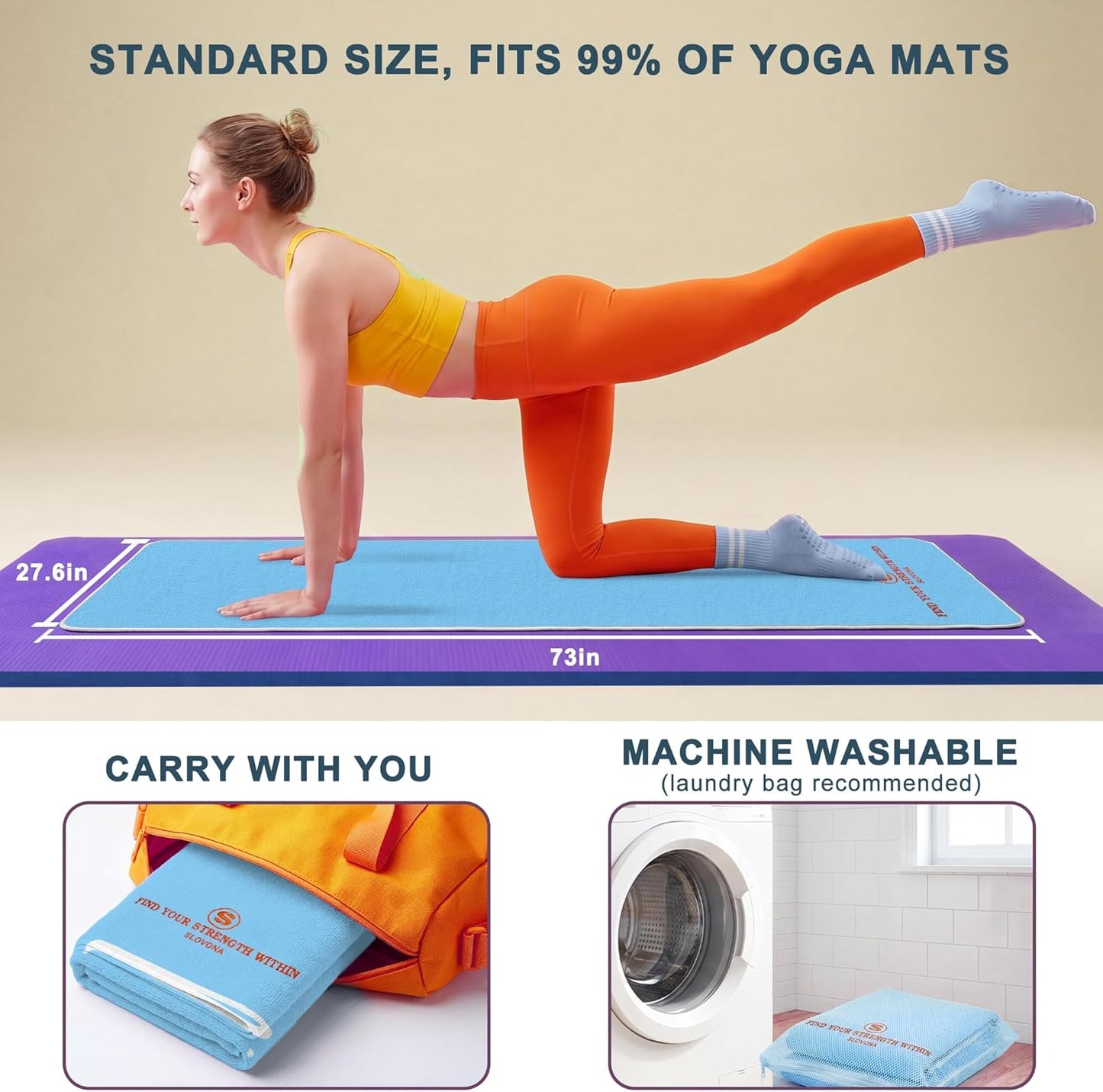 Upgraded Yoga Mat Towel with Bonus Grip Socks Elegant Embroidered Design, 1-Second Sweat Absorption & Non-Slip | Machine Washable Microfiber | Hot Yoga, Pilates | 73''*27.6'' | Orchid Purple