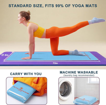 Upgraded Yoga Mat Towel with Bonus Grip Socks Elegant Embroidered Design, 1-Second Sweat Absorption & Non-Slip | Machine Washable Microfiber | Hot Yoga, Pilates | 73''*27.6'' | Orchid Purple
