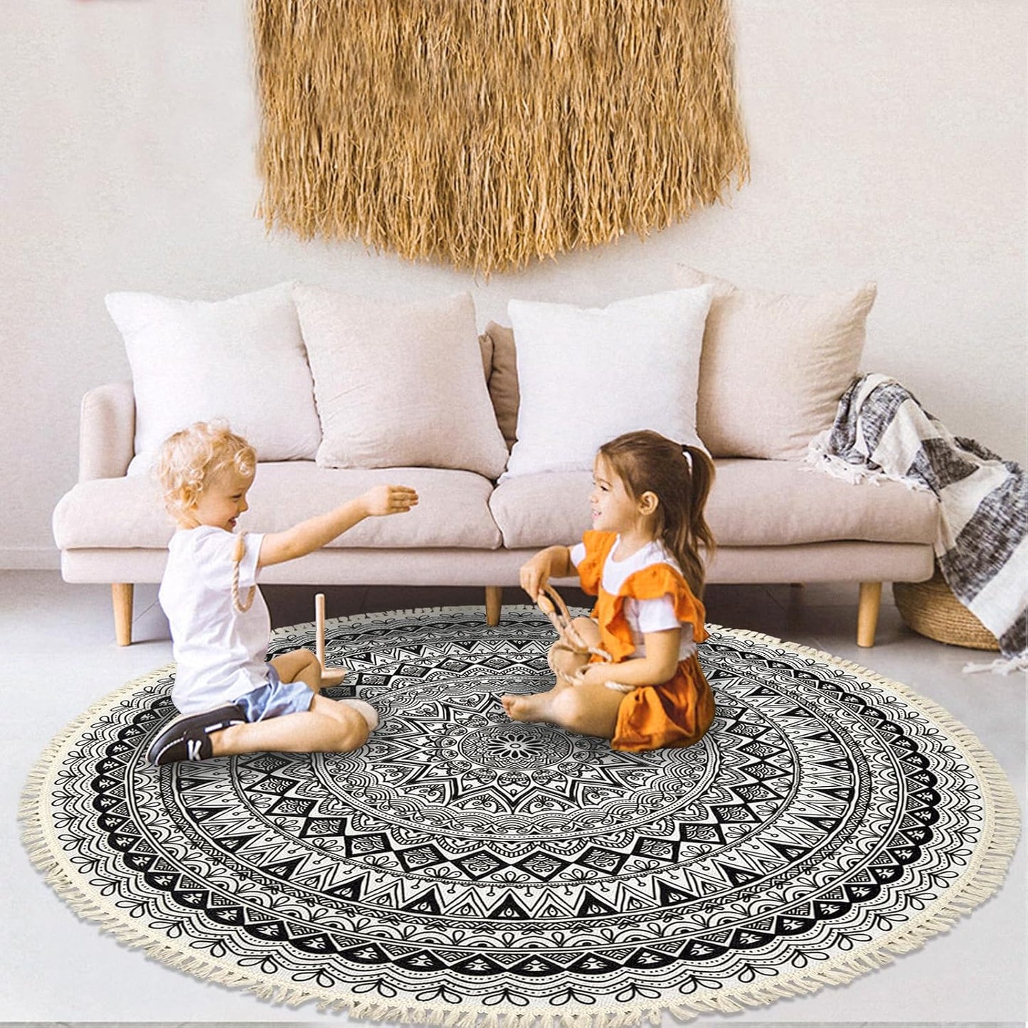 Boho Rug 5Ft Round Bedroom Carpet Circle Nonslip Farmhouse Area Rug Rustic Mandala Floor Mat for Living Room Locker Room Tassel Yoga Throw Rugs Washable Doormat, Purple