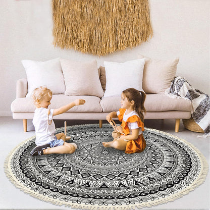 Boho Rug 5Ft Round Bedroom Carpet Circle Nonslip Farmhouse Area Rug Rustic Mandala Floor Mat for Living Room Locker Room Tassel Yoga Throw Rugs Washable Doormat, Purple