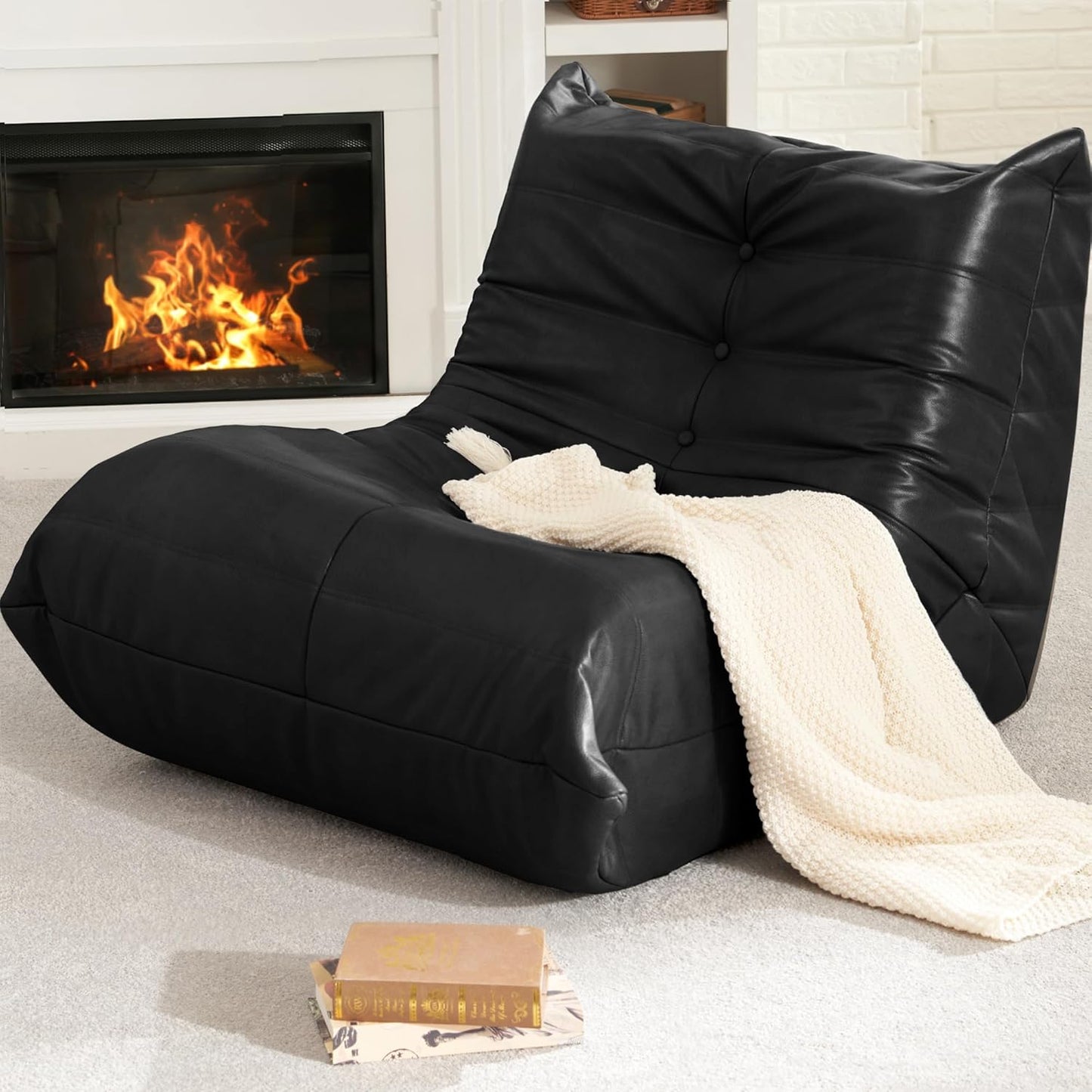 Hobestluk Giant Bean Bag Chair Lazy Floor Sofa, Memory Foam Fireside Sofa for Adults, Big Beanbag Faux Leather Armless Chair for Living Room Bedroom Dorm Office (Brown, Single)