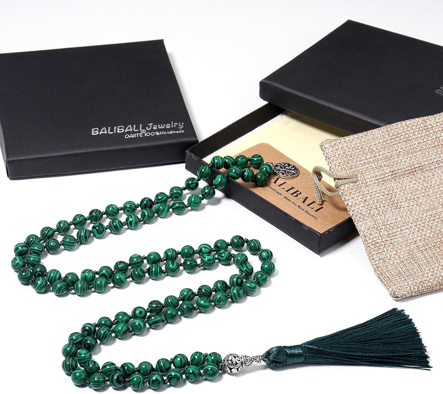 108 Mala Beads Necklace Semi-Precious Gem Stones Meditation Necklace 108 Hand Knotted Japa Mala Beaded Tassel Necklace with Tree of Life Pendant
