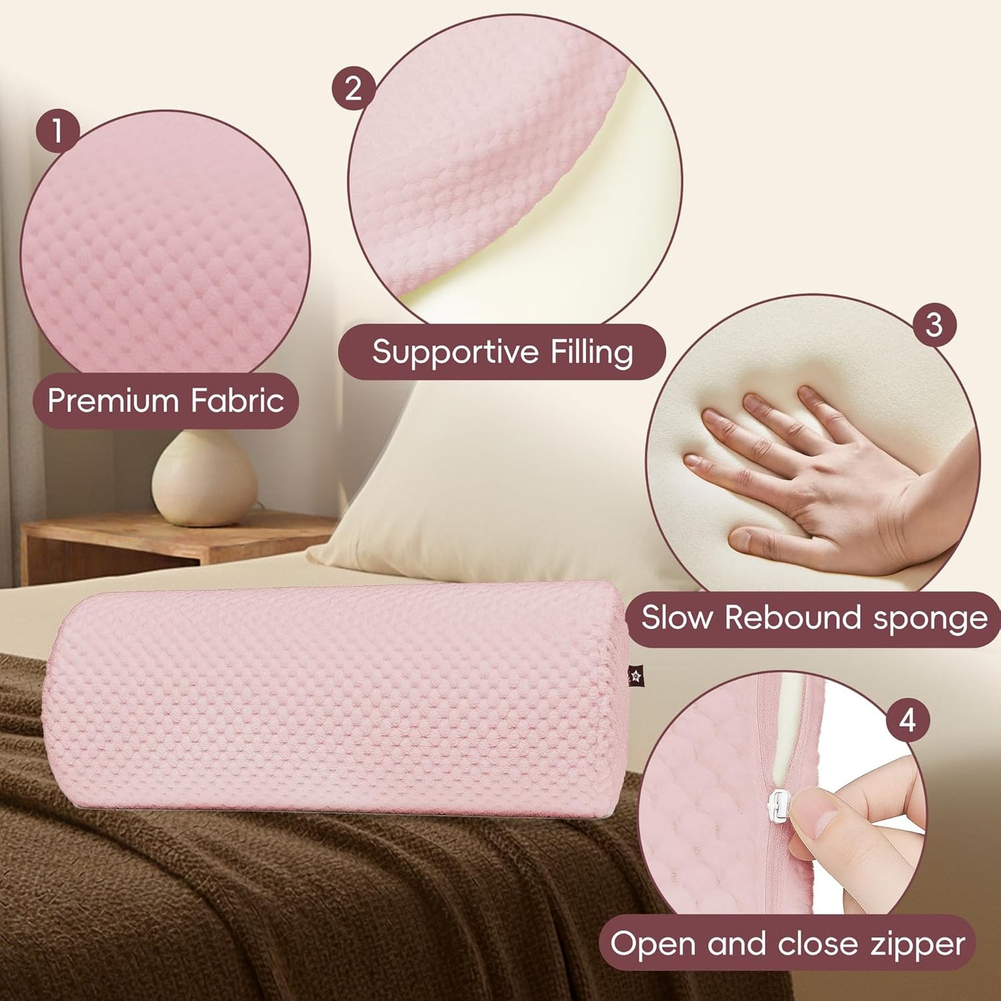 SPRING SEAON Half Moon Bolster Knee Pillow for Back Sleeping Memory Foam Leg Pillow for Ankle and Foot Comfort Under Knee Pillow for Side Sleepers Machine Washable Cover(17" x 7.5" x 4.3")