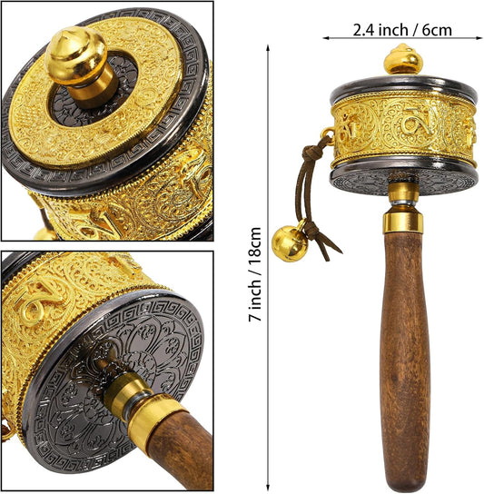 Foraineam Handheld Prayer Wheel with Tibetan Buddhist Six-Character Truth Buddha Scriptures, Wooden Handle Buddhist Turn Praying Instrument for Praying, Blessing, Yoga, Relaxing, Healing, Meditation