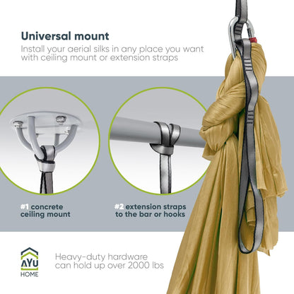 AyuHome Aerial Silks Kit for Home - Premium Yoga Swing for Kids and Adults with 660 lbs Capacity - Versatile Aerial Yoga Hammock for Gymnastics Training