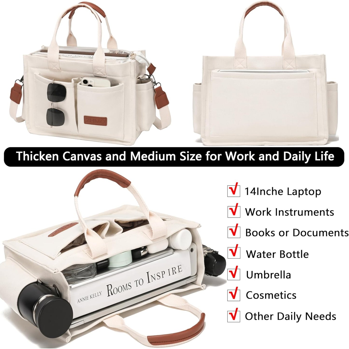 ZHMO Canvas Tote Bag for Women,Women's Bags Crossbody Bags Work Laptop Tote Bag Large Handbags Purse for Travel Nurse Teacher