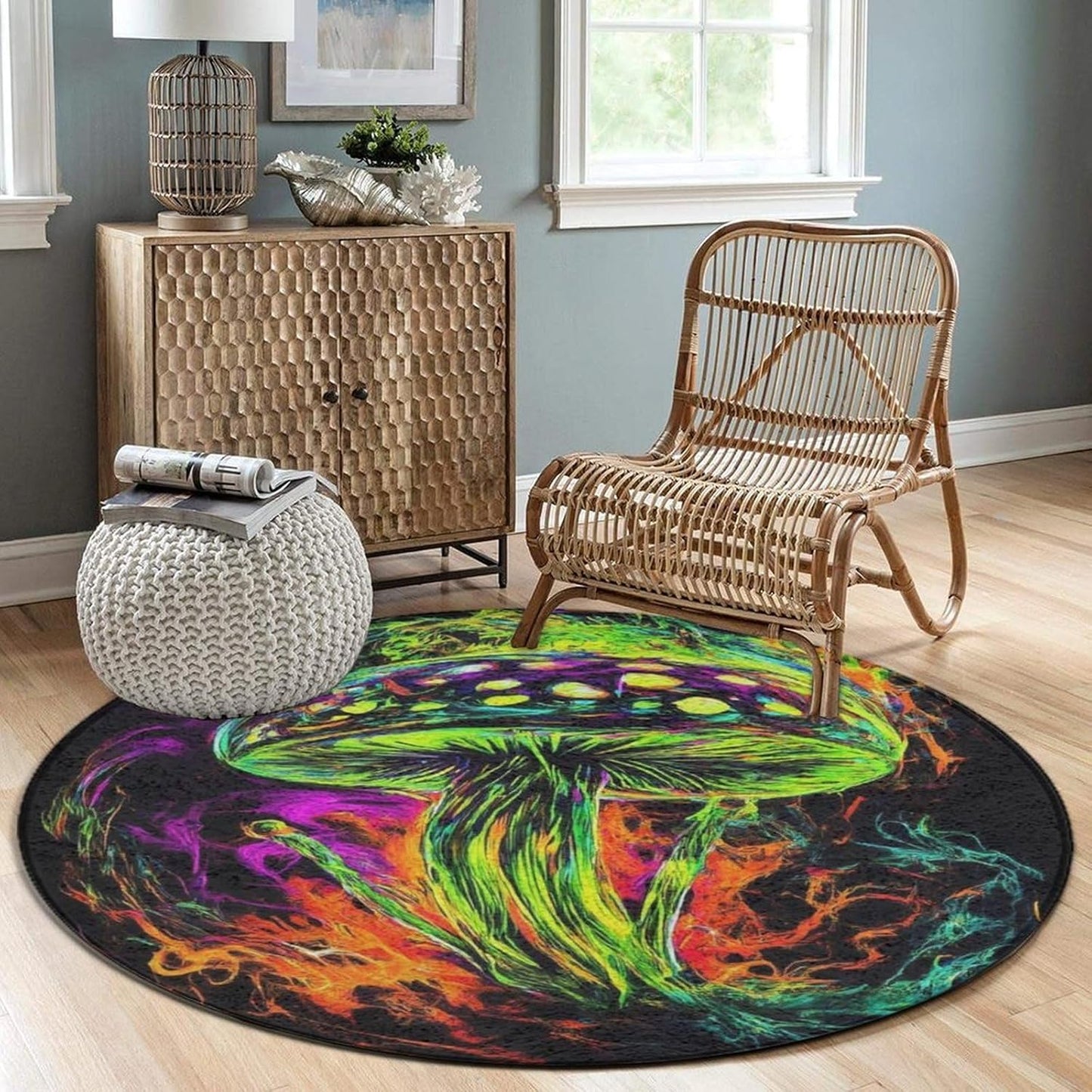 Machine Washable Modern Round Area Rug, Room Sofa Yoga Soft Round Carpet, Home Decor Non Slip Kitchen Office Circle Rug Trippy Rainbow Mushroom Tie Dye Art, 60inch