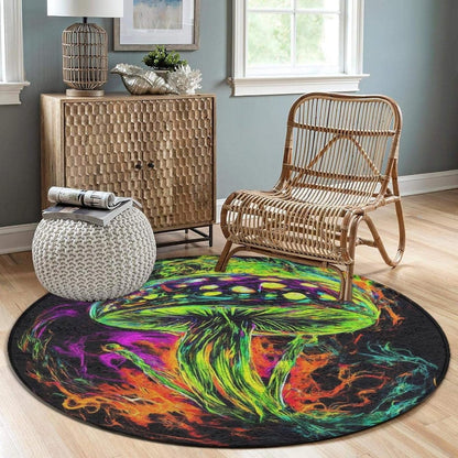 Machine Washable Modern Round Area Rug, Room Sofa Yoga Soft Round Carpet, Home Decor Non Slip Kitchen Office Circle Rug Trippy Rainbow Mushroom Tie Dye Art, 60inch