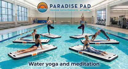 Inflatable Water Yoga Mat Board Floating Exercise Platform for Yoga and Pilates. Aquatic Fitness pad for Pools, Lakes. 96"x 35"x 6" includes storage bag, hand pump and repair kit. Paradise Pad