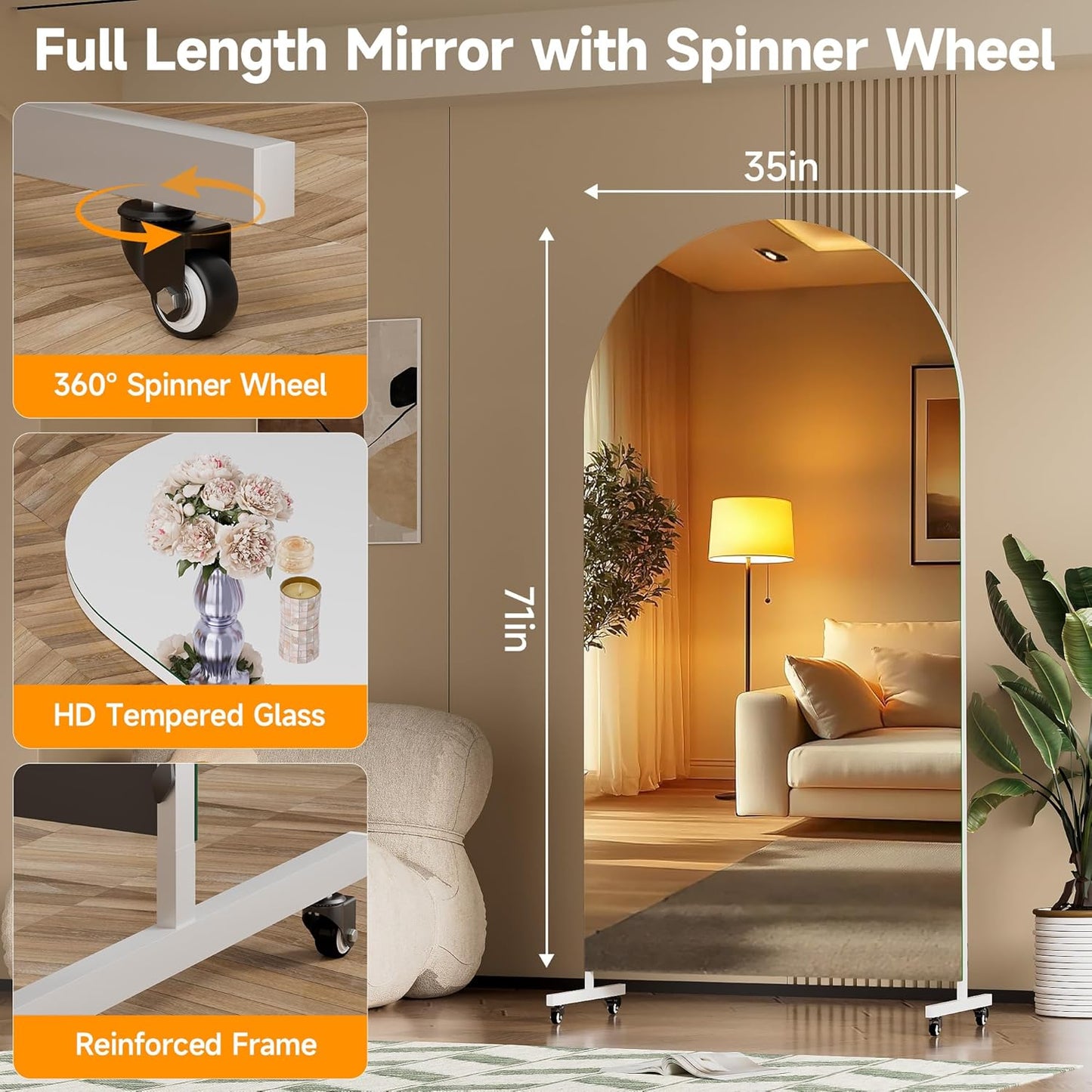 Hasipu 71" x 28" Arched Rolling Home Gym Mirror with Wheels, 360° Swivel Body Mirror with HD Tempered Glass, Large Floor Mirror for Yoga Room, Dance Studio, Bedroom & Home Gym