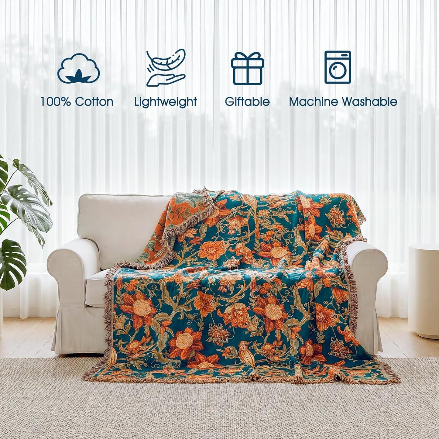 Boho Throw Blanket - 100% Cotton Soft Summer Throw Blanket for Bed, 50"x60" Reversible Breathable Lightweight Blankets, All Seasons Farmhouse Decor Floral Plant Butterfly Throw Quilt