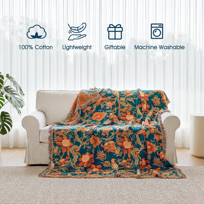 Boho Throw Blanket - 100% Cotton Soft Summer Throw Blanket for Bed, 50"x60" Reversible Breathable Lightweight Blankets, All Seasons Farmhouse Decor Floral Plant Butterfly Throw Quilt