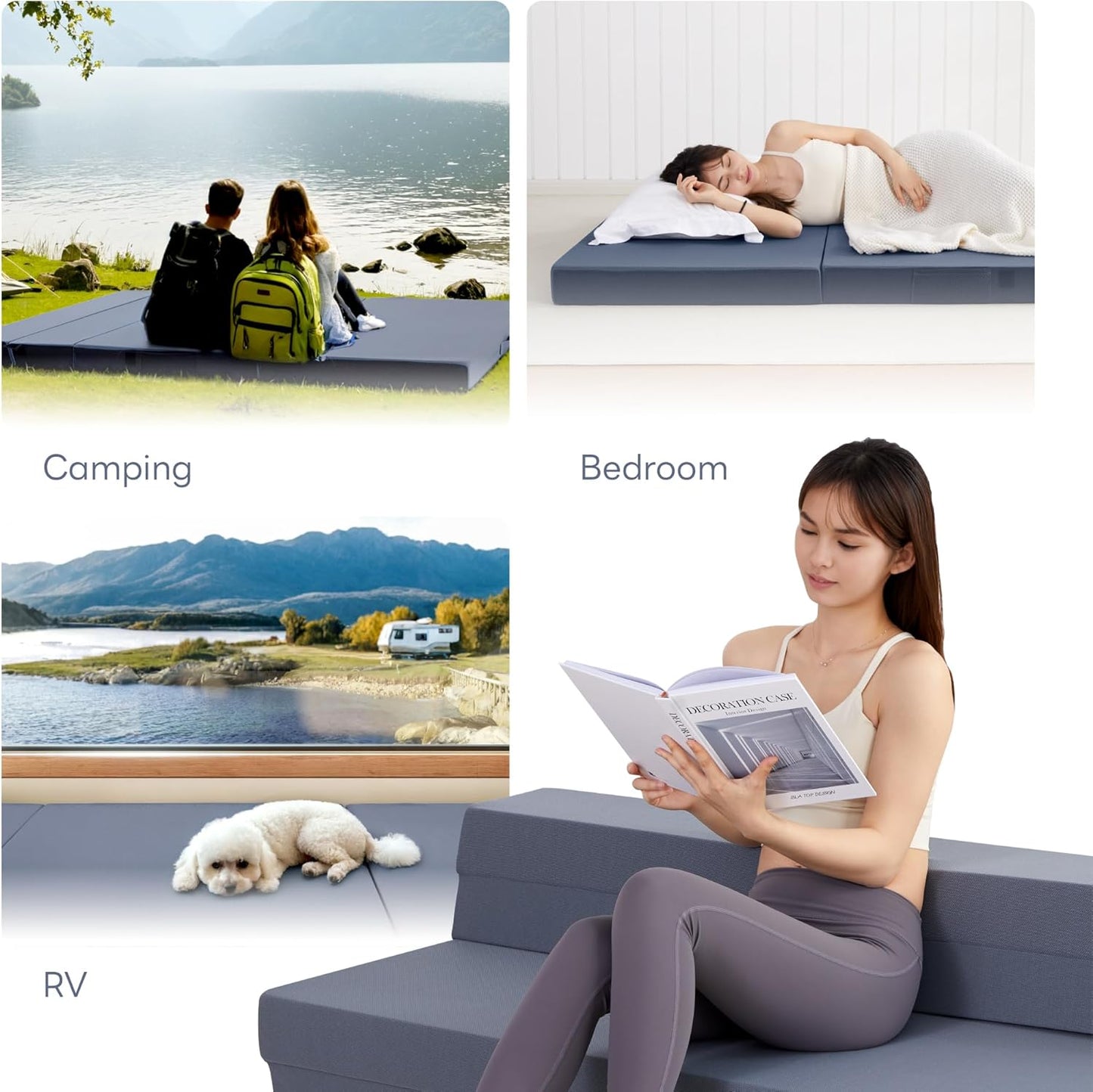 LIKIMIO Folding Mattress Queen, High Density Foam Mattress with Breathable and Washable Cover & Storage Bag, 4 Inch Foldable Mat Topper for Camping, RV and Yoga, Handle Design, Blue