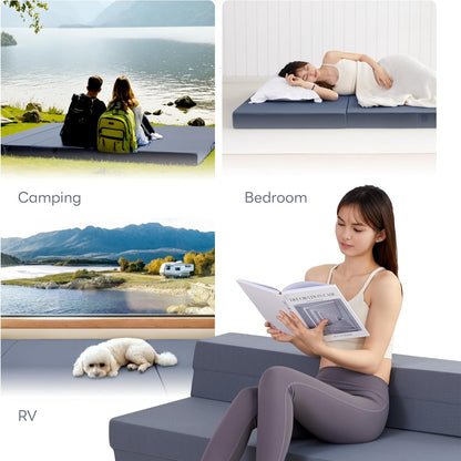 LIKIMIO Folding Mattress Queen, High Density Foam Mattress with Breathable and Washable Cover & Storage Bag, 4 Inch Foldable Mat Topper for Camping, RV and Yoga, Handle Design, Blue