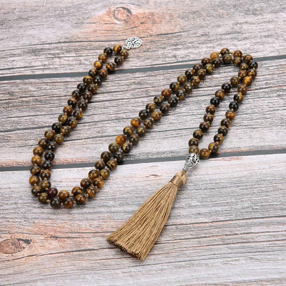 108 Mala Beads Necklace Semi-Precious Gem Stones Meditation Necklace 108 Hand Knotted Japa Mala Beaded Tassel Necklace with Tree of Life Pendant