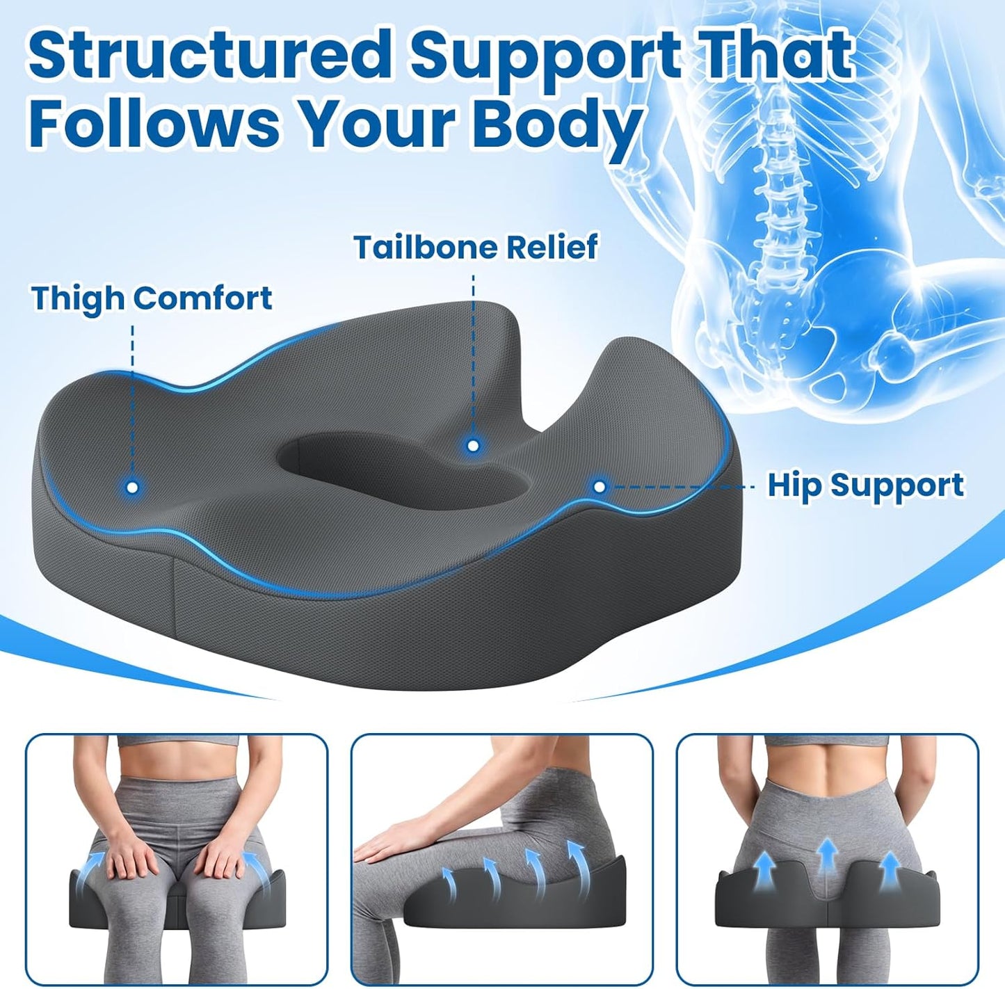 SweetSlubr Large Donut Pillow Seat Cushion for Hemorrhoid Discomfort&Tailbone Pressure, Office Chair Cushion for Long Sitting, Ergonomic Coccyx Pillow for Postpartum Pregnancy, Lifting Cushions, Black