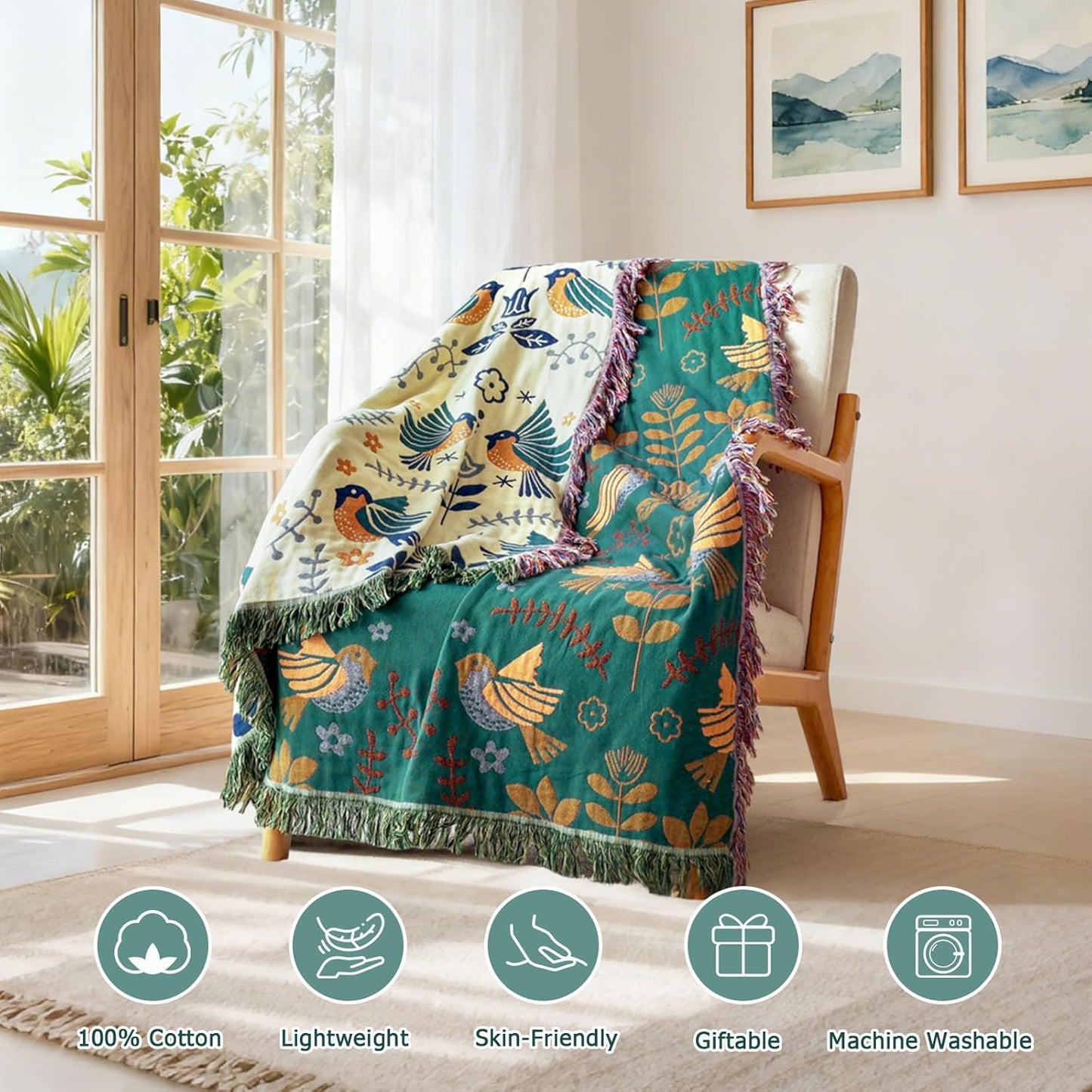 Boho Throw Blanket - 100% Cotton Soft Summer Throw Blanket for Bed, 50"x60" Reversible Breathable Lightweight Blankets, All Seasons Farmhouse Decor Floral Plant Butterfly Throw Quilt