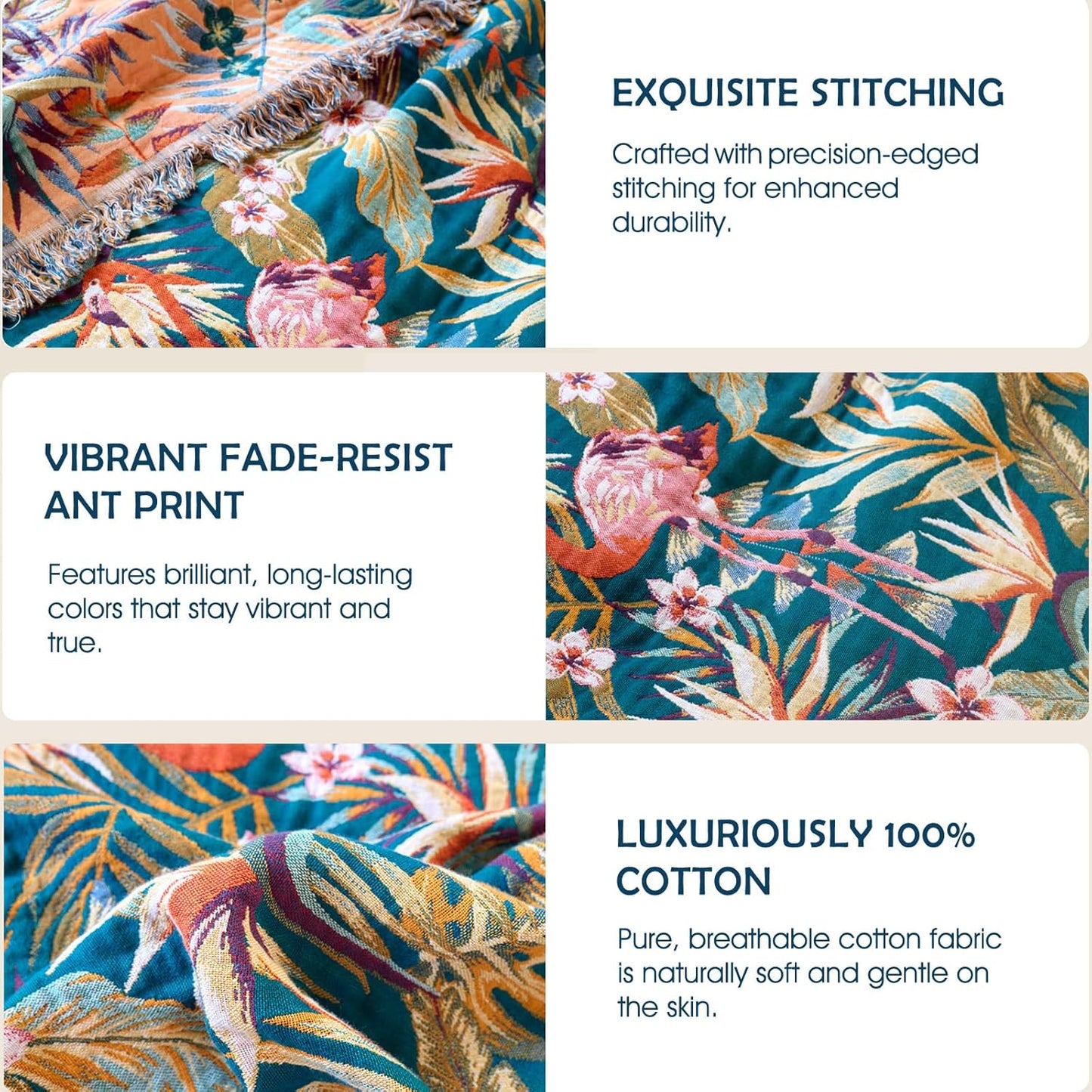 Boho Throw Blanket - 100% Cotton Soft Summer Throw Blanket for Bed, 50"x60" Reversible Breathable Lightweight Blankets, All Seasons Farmhouse Decor Floral Plant Butterfly Throw Quilt