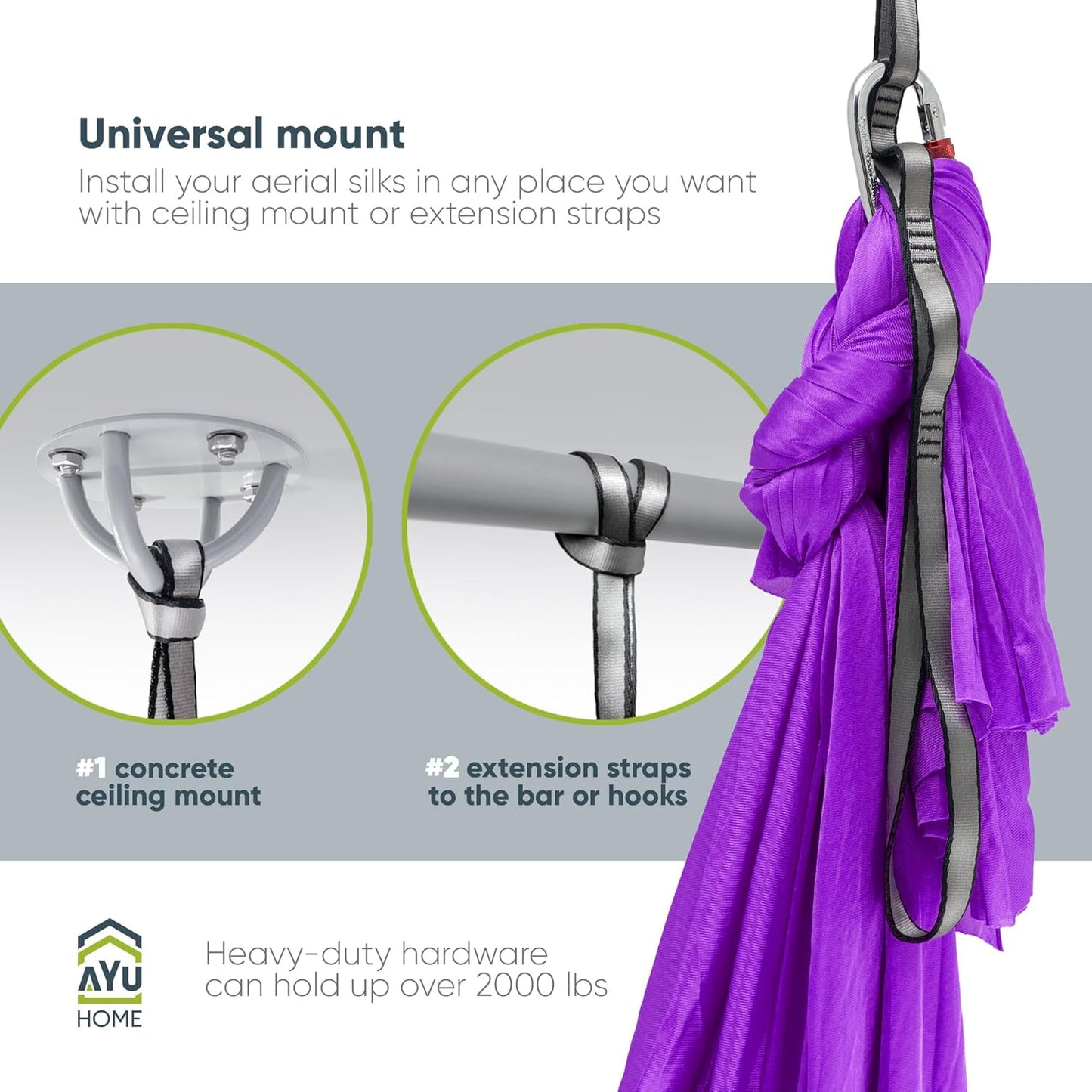 AyuHome Aerial Silks Kit for Home - Premium Yoga Swing for Kids and Adults with 660 lbs Capacity - Versatile Aerial Yoga Hammock for Gymnastics Training
