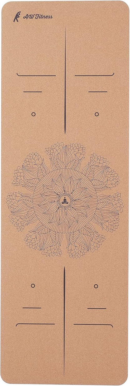 AW Fitness Premium Cork Yoga Mat | Extra Thick, Long | Natural Cork & Non-Toxic Rubber | Best for Yoga, Pilates, Exercise | Mandala Meditation Design with Markers (72-Inch x 24-Inch x 5mm Thick)