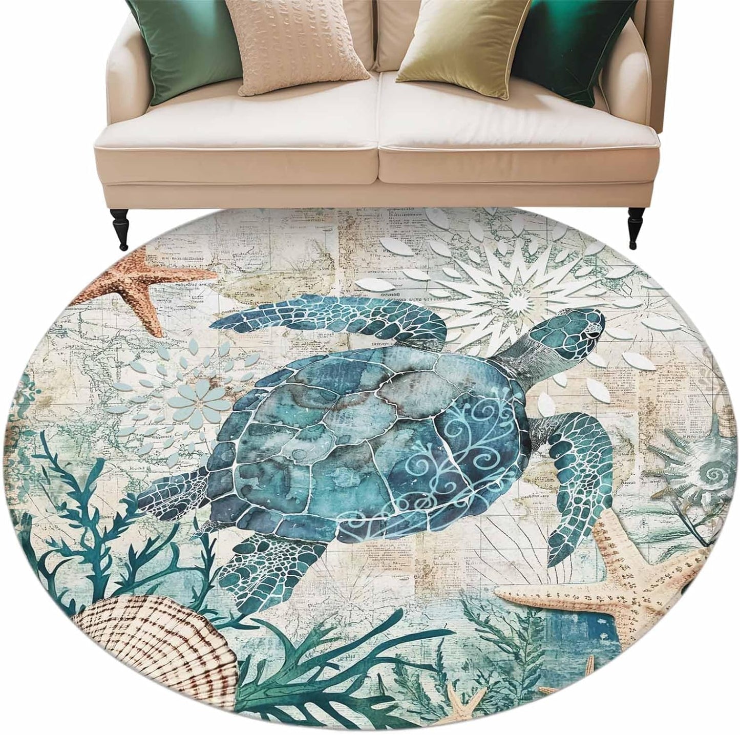Libaoge Round Area Rugs 3 ft Indoor Aloha Mats Sea Turtle Ocean Animal Nautical Map Soft Living Room Bedroom Unique Carpet Woman Yoga Mat Home Decor