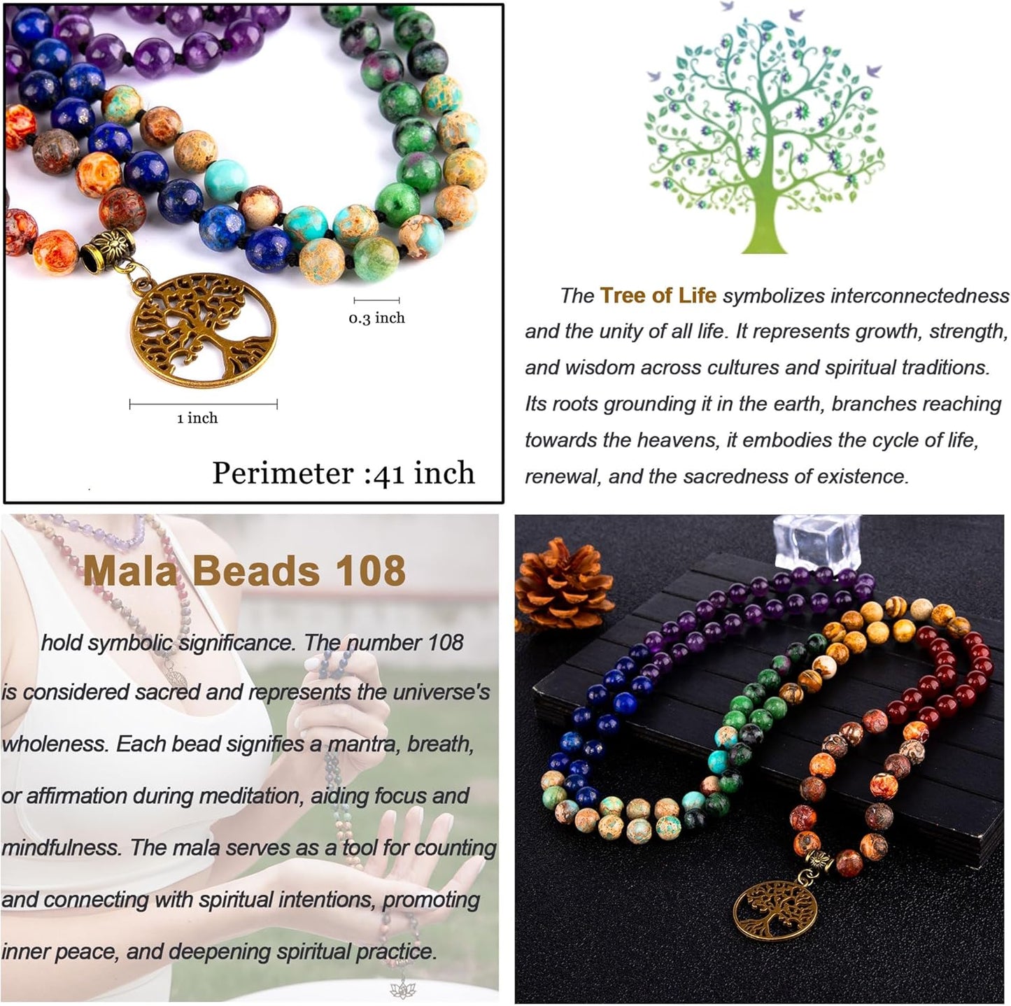 Bivei 7 Chakra 108 Mala Beads Bracelet Real Gemstone Yoga Meditation Hand Knotted Mala Prayer Bead Necklace