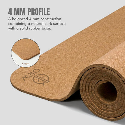 Yoga Mat Natural Cork, Non Slip Yoga Mat for Hot Yoga & Workout, 4mm Thick Natural Rubber Base, 72” x 24” Exercise Mat for Pilates, Fitness & Daily Practice, REACH Tested (SVHC Free), Includes Carry Strap