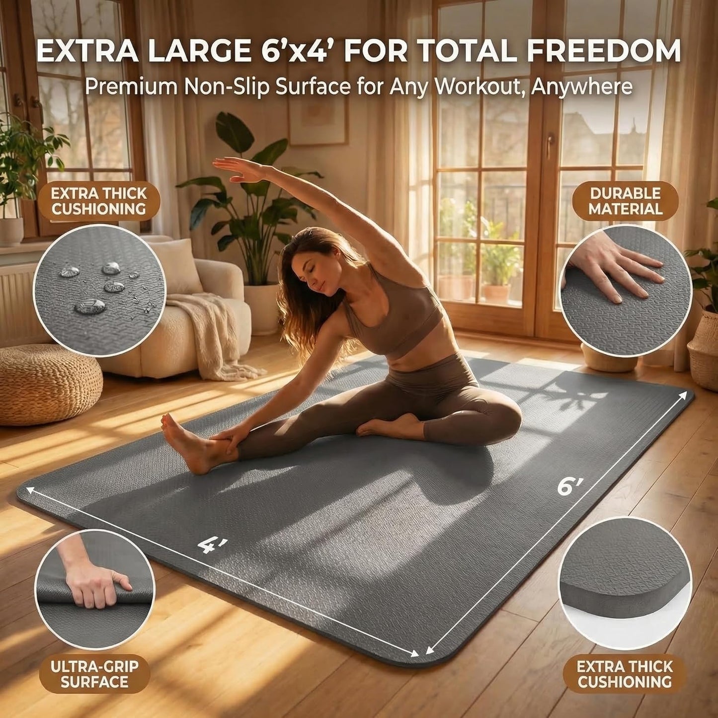 FrenzyBird Large Yoga Mat 6'x 4'（72”x 48”）—1/4" &1/3" Extra Wide Exercise Mat 183cm x 122cm Large Exercise Mat Big Home Yoga Mat Pilates Mat,Non Slip,Thick,TPE Workout Mat,for Women & Men, Yoga, Pilates, Gym and Floor Workouts Pilates